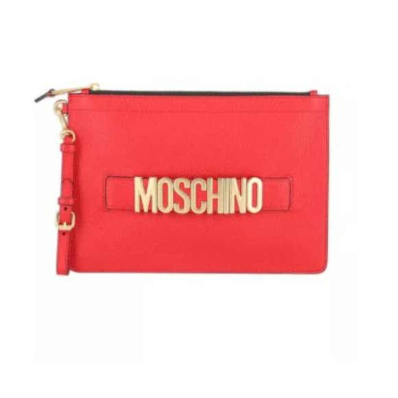 Moschino Handbags - MOSCHINO Red Leather Logo Pouch gold-tone hardware wristlet strap